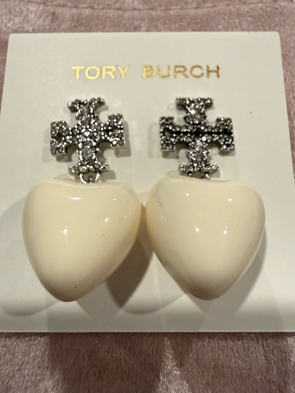 Tory Burch | Silver Plated Crystal Pave Accent Logo Earrings & Cream Heart Drops